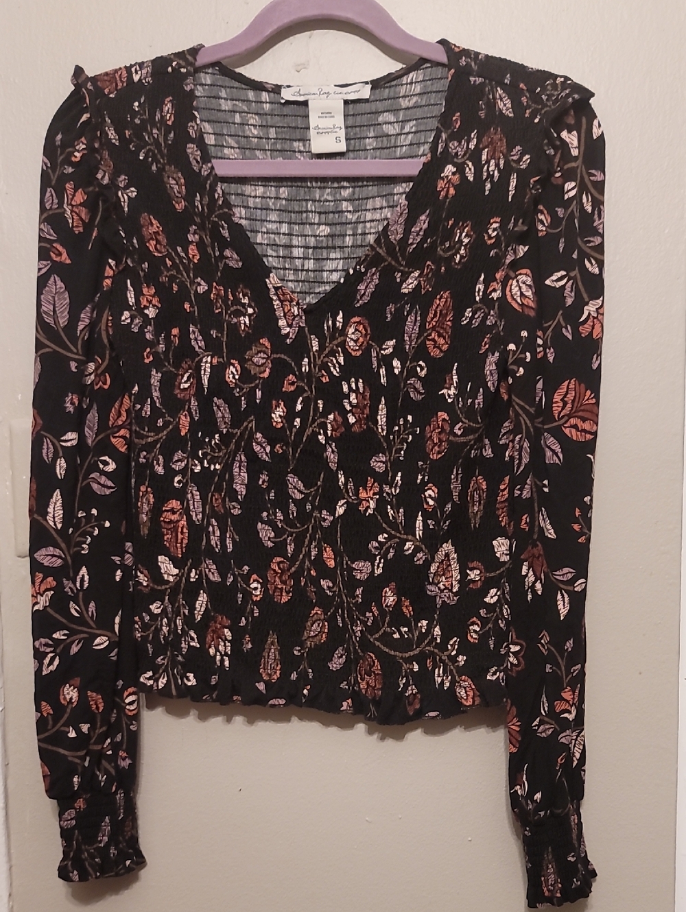 American Rag Black  Floral Smocked Top Blouse Top Shirt Peasant Boho Size S